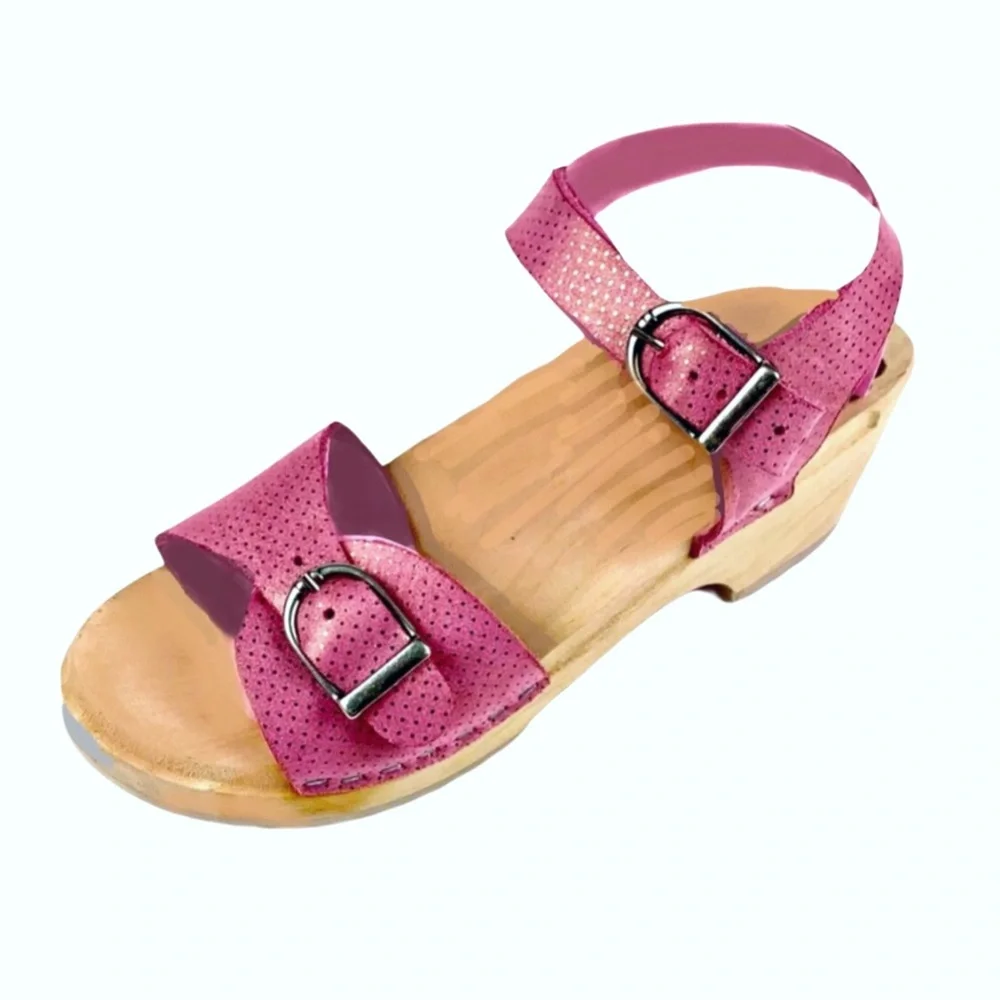 Hannah Anderson Pink Leather Ankle Strap Wood Sandals Sz 1.5